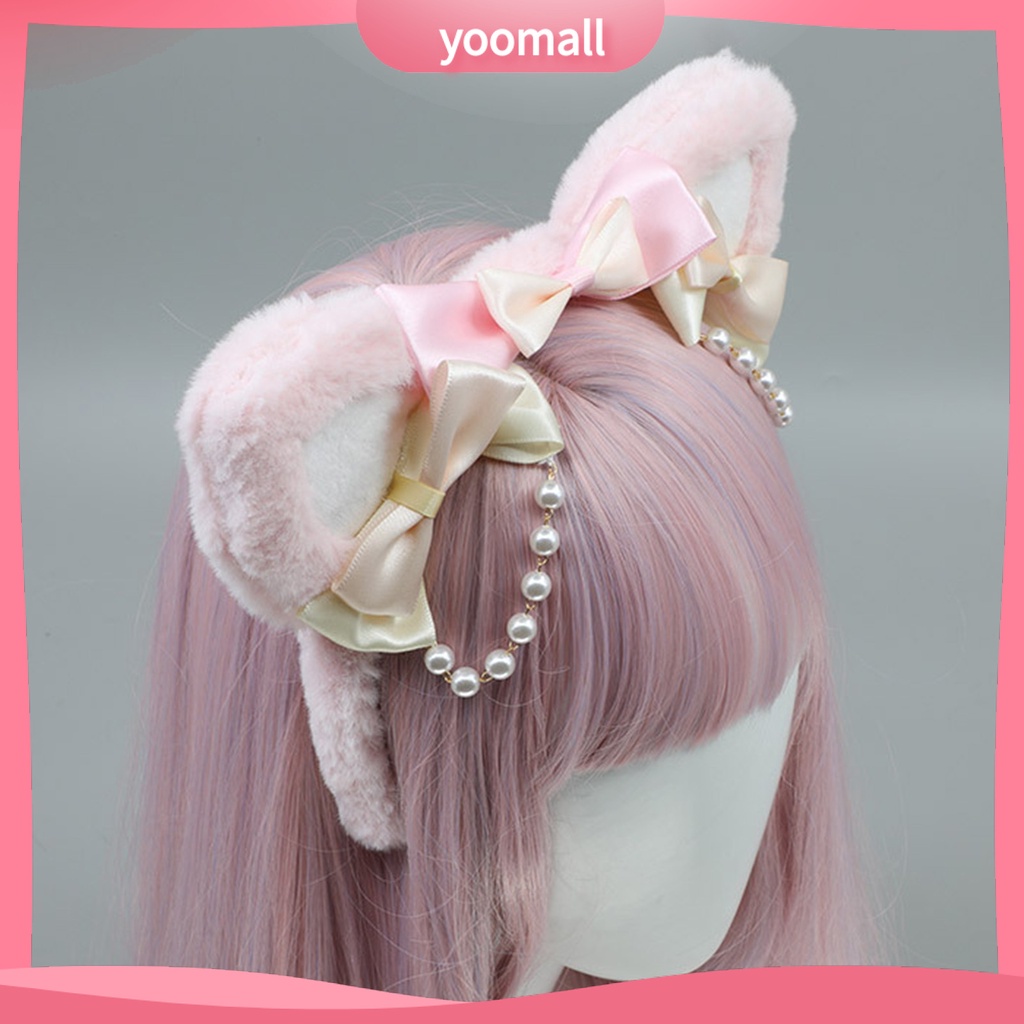 Băng Đô Tai Mèo Lông Nhung Đính Ngọc Trai Nhân Tạo Phong Cách Lolita Đáng Yêu Dành Cho Nữ