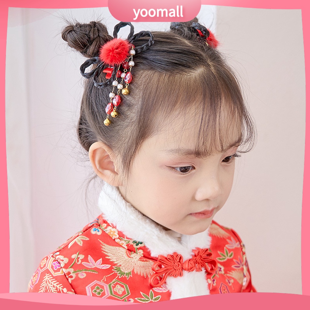 1 Cặp Kẹp Tóc Giả Đính Nơ Tua Rua Phong Cách Trung Hoa Ngọt Ngào Cho Bé Gái
