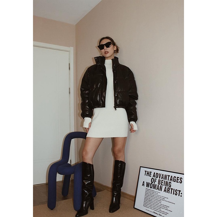 [Hàng Có Sẵn] Áo Khoác Phao Đệm Da Dày Dáng Ôm Màu Đen Phong Cách Mới Mùa Đông Cho Nữ