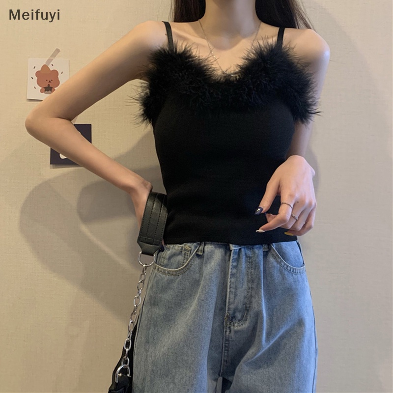 [Meifuyi] Summer Fashion Fluffy Knitted Camisole Women Solid Color Sexy Sleeveless Slim Top COD