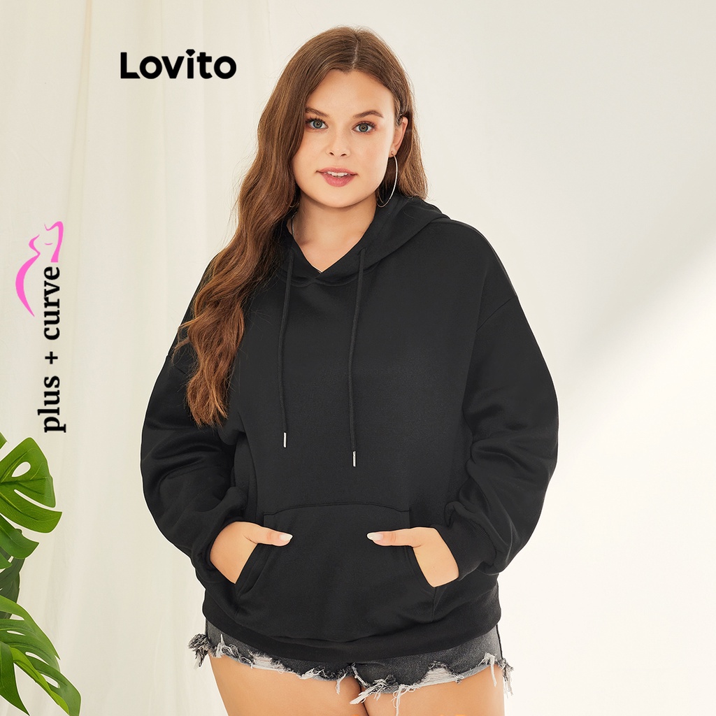 Lovito Plus Size Curve Casual Oversize trơn có túi cho nữ LBE01028 (Đen)