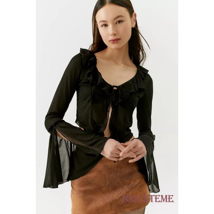 [] - Áo Crop Top Dáng Ôm Tay Loe Dài Khoét Sâu Gợi Cảm Mùa Hè Cho Nữ