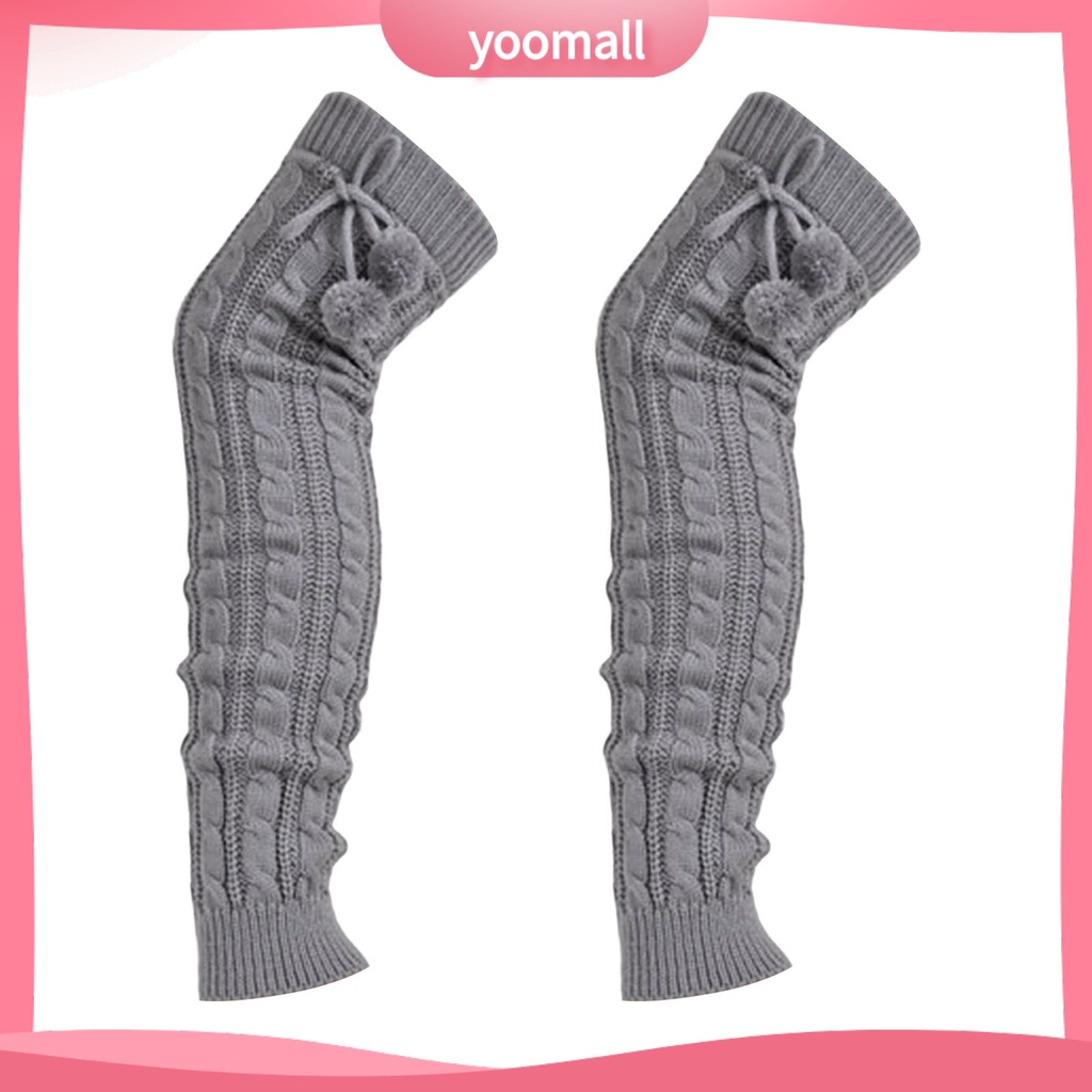 1 Cặp Vớ Dệt Kim Giữ Ấm Chân Mềm Co Giãn Màu Trơn Có Dây Cột Và Banh Lông Mùa Thu Đông Cho Nữ