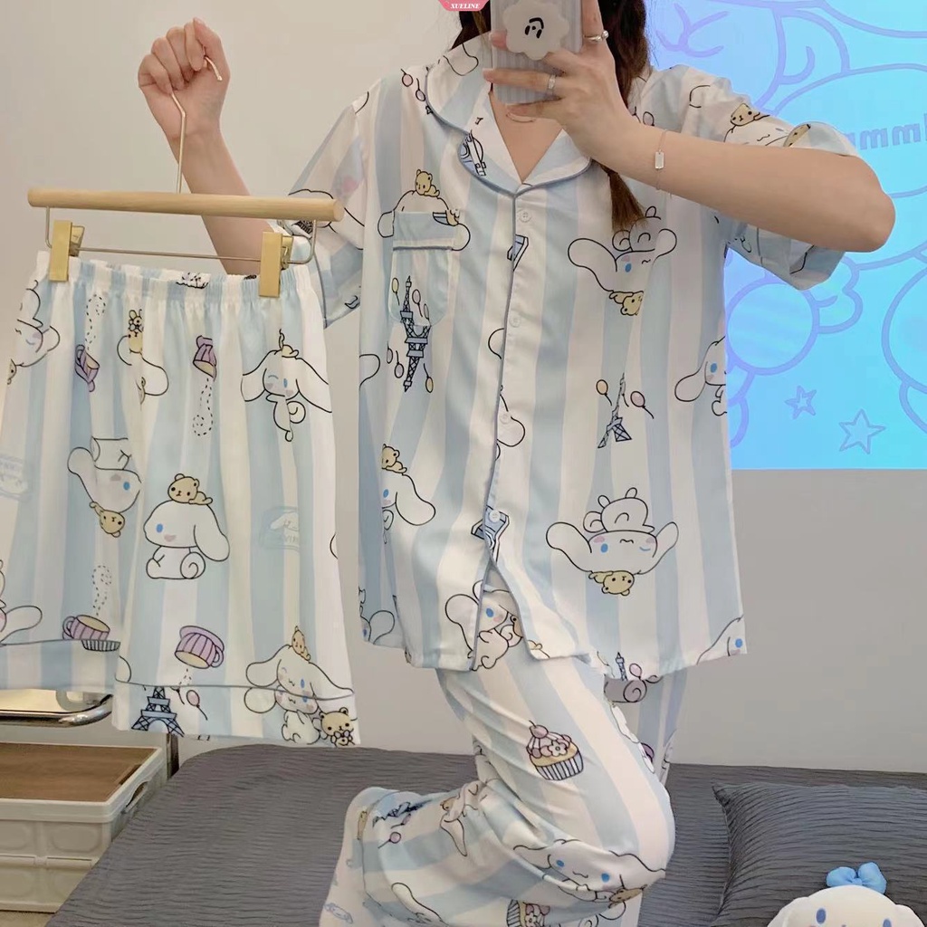 SANRIO Bộ Đồ Ngủ Ba Món Tay Ngắn In Hình Kuromi Cinnamoroll Dễ Thương Thời Trang Xuân Hè 2023