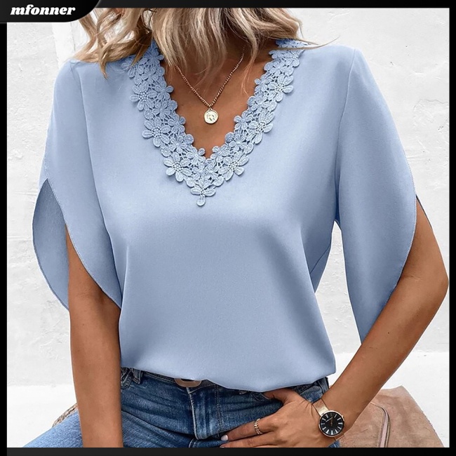 Áo Sơ Mi Nữ Tay Dài Ống Loe Cổ Chữ V Màu Sắc Thanh Lịch