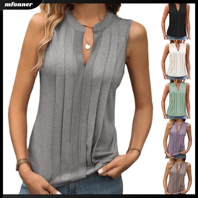 Áo Tank Top Sát Nách Cổ Chữ V Xếp Ly Ôm Dáng Thoáng Khí Thời Trang Mùa Hè Cho Nữ