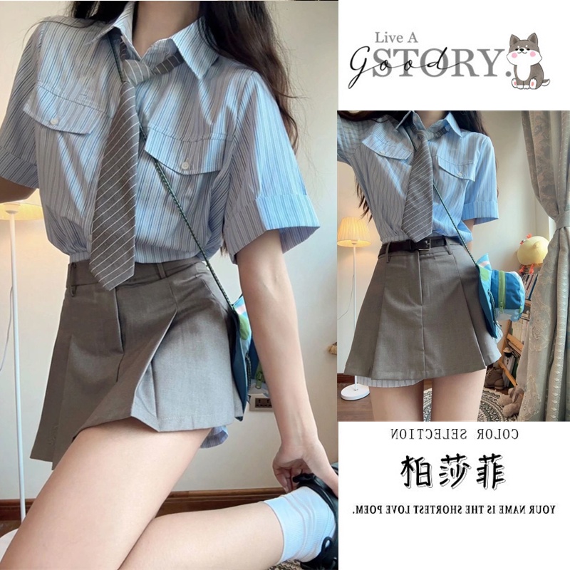 Áo Sơ Mi Tay Ngắn Họa Tiết Sọc Thời Trang Dành Cho Nữ