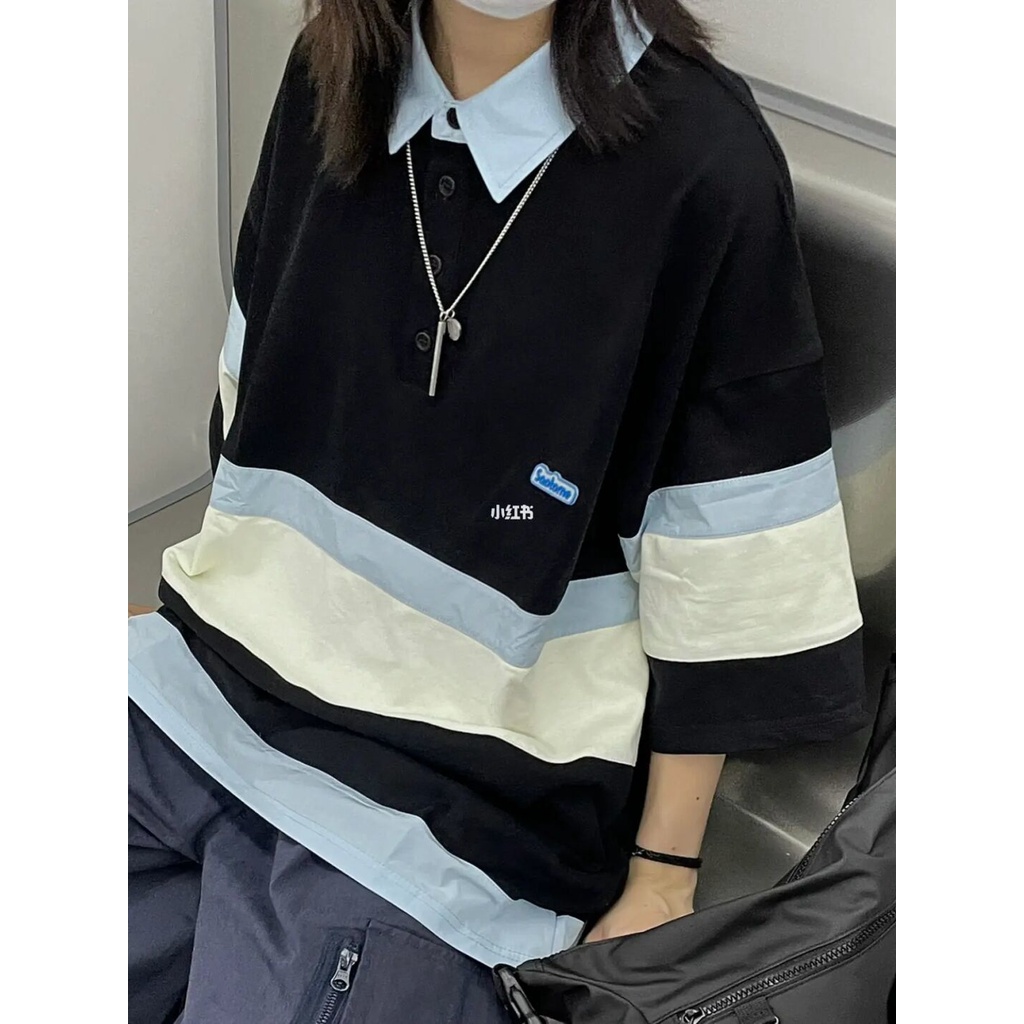Áo polo Ngắn Tay Dáng Rộng Họa Tiết Kẻ Sọc Thời Trang Mùa Hè Cho Nữ
