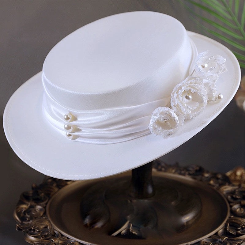 Mũ Vành Phẳng Màu Đen Đính Hoa Phong Cách Pháp Cổ Điển Cho Cô Dâu