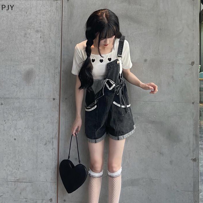 Quần Yếm Denim Lưng Cao Dáng Rộng Cột Dây Phong Cách Lolita Đáng Yêu Cho Bạn Gái PJ