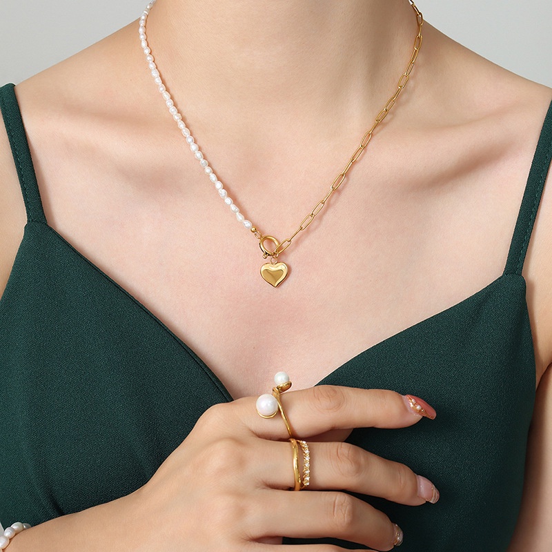 Vòng cổ Mặt Hình Trái Tim Đính Ngọc Trai Tự Nhiên Phong Cách Âu Mỹ Thời Trang