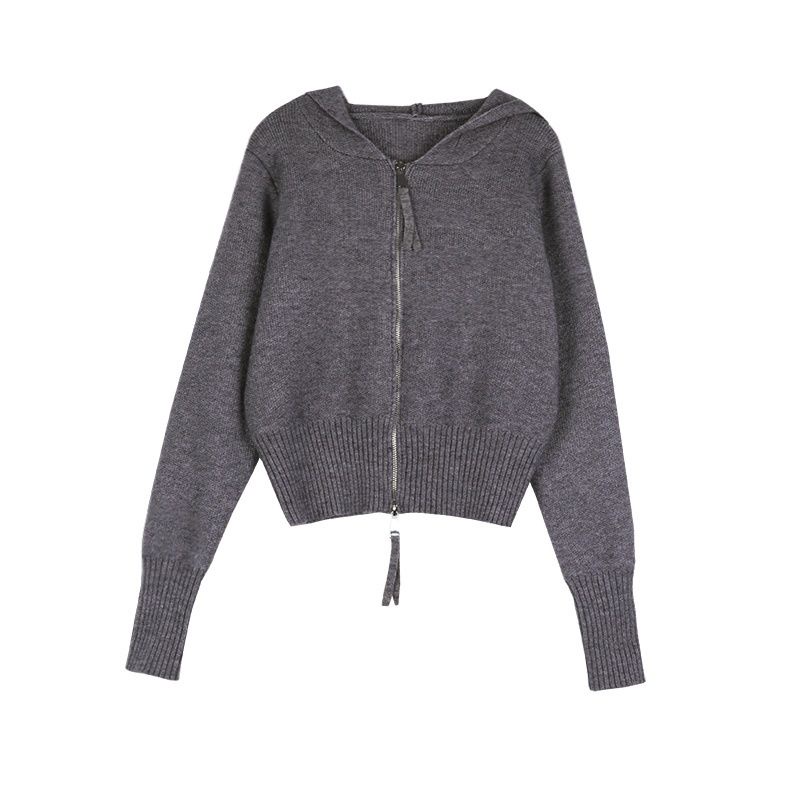Áo Khoác Cardigan Dệt Kim Dáng Ngắn Có Mũ Trùm Thời Trang