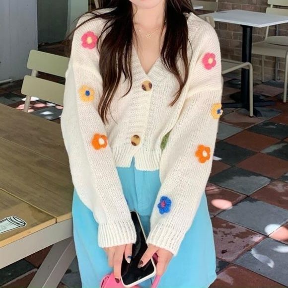 Áo Cardigan Dệt Kim Tay Dài Phối Hai Hàng Nút Thiết Kế Mới Ngọt Ngào