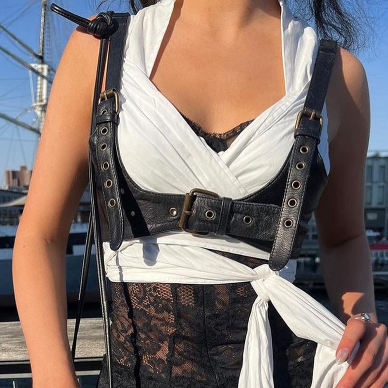 Áo Croptop Da PU Màu Đen Cổ Khoét Sâu Gợi Cảm Cho Nữ