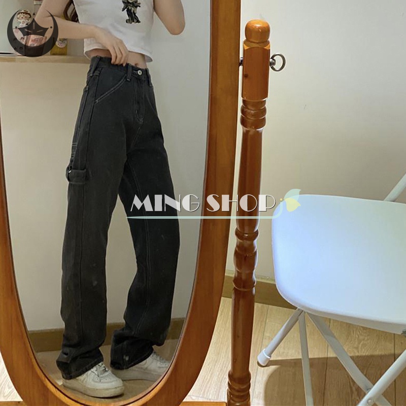 Quần Jean Dài Lưng Cao Ống Rộng Màu Đen Phong Cách Hàn Quốc Thời Trang Cho Nữ