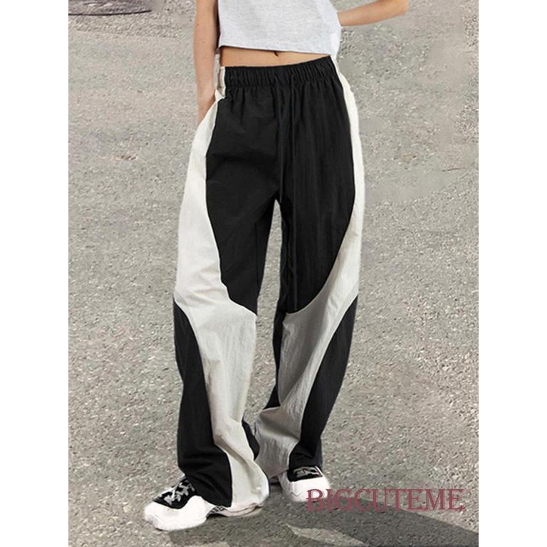 Quần Dài Dáng Suông Ống Rộng Lưng Thun Màu Sắc Tương Phản Thời Trang Đường Phố Cho Nữ