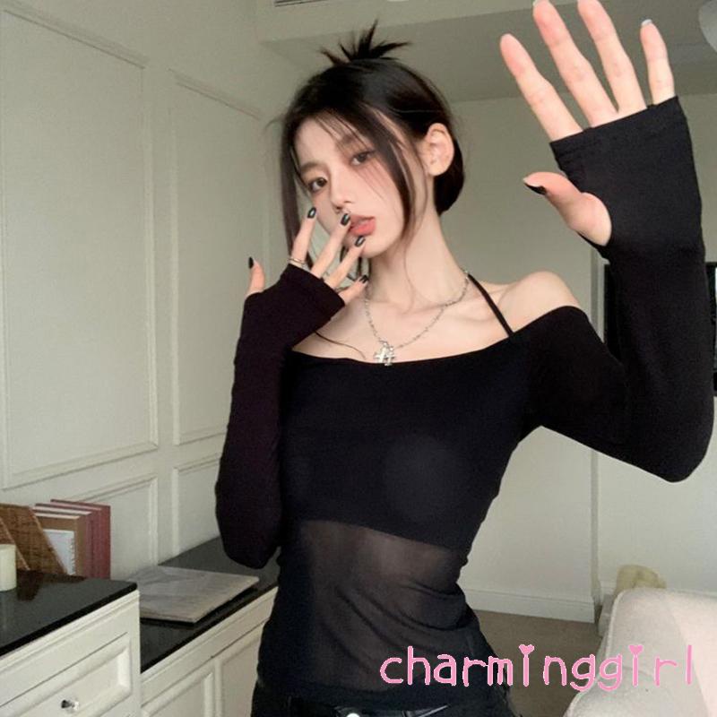 Áo Thun Tay Dài Trễ Vai Màu Sắc Đơn Giản Cho Nữ