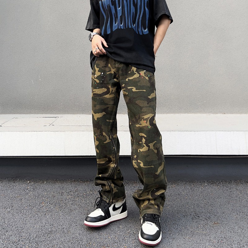 Quần Jean Dài Dáng Suông Phối Khóa Kéo Họa Tiết Rằn Ri Kiểu Đường Phố Mỹ Cá Tính Cho Nam Và Nữ