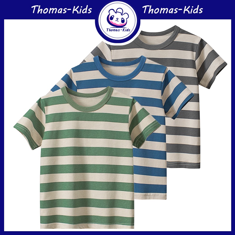 Áo Thun Sọc Tay Ngắn Cotton Thoáng Khí Thấm Mồ Hôi Thời Trang Mùa Hè Bé Trai 1-8 Tuổi