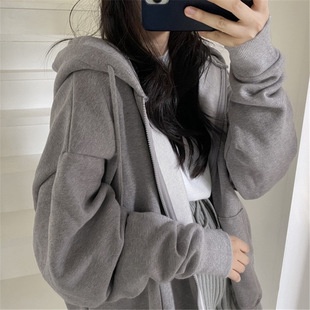 IELGY Áo Khoác Hoodie Mỏng Màu Xám Phối Khóa Kéo Phong Cách Hàn Quốc Thời Trang Mùa Thu Cho Nữ