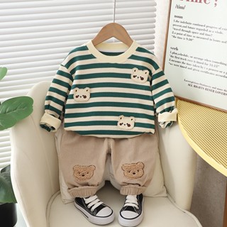 Set Đồ Thể Thao 2 Món Phối Áo Sweater Kẻ Sọc Thêu Hình Gấu Thời Trang Mùa Xuân 2023 Cho Bé Trai