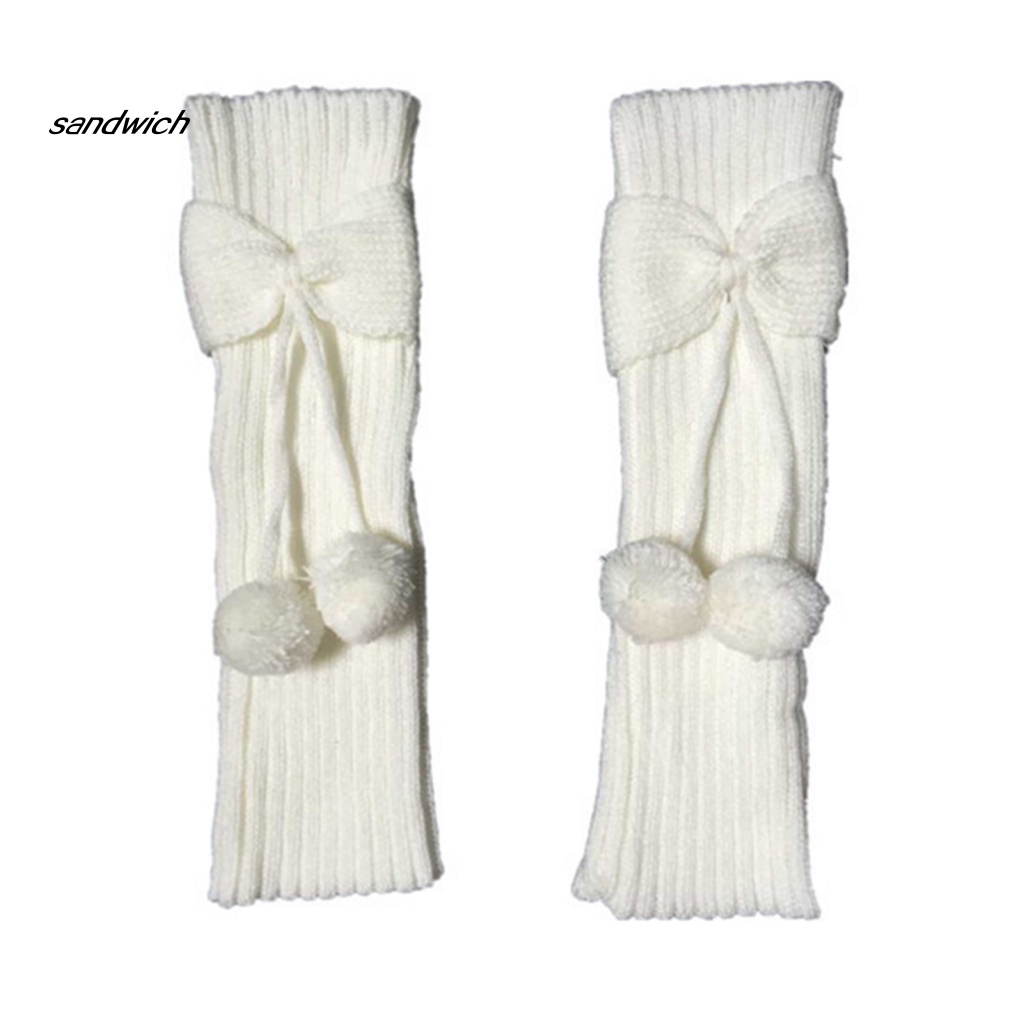 Vớ Ống Chân Dệt Kim Giữ Ấm Màu Trơn Đính Nơ Và Bóng Lông Dễ Thương Cho Bé Gái