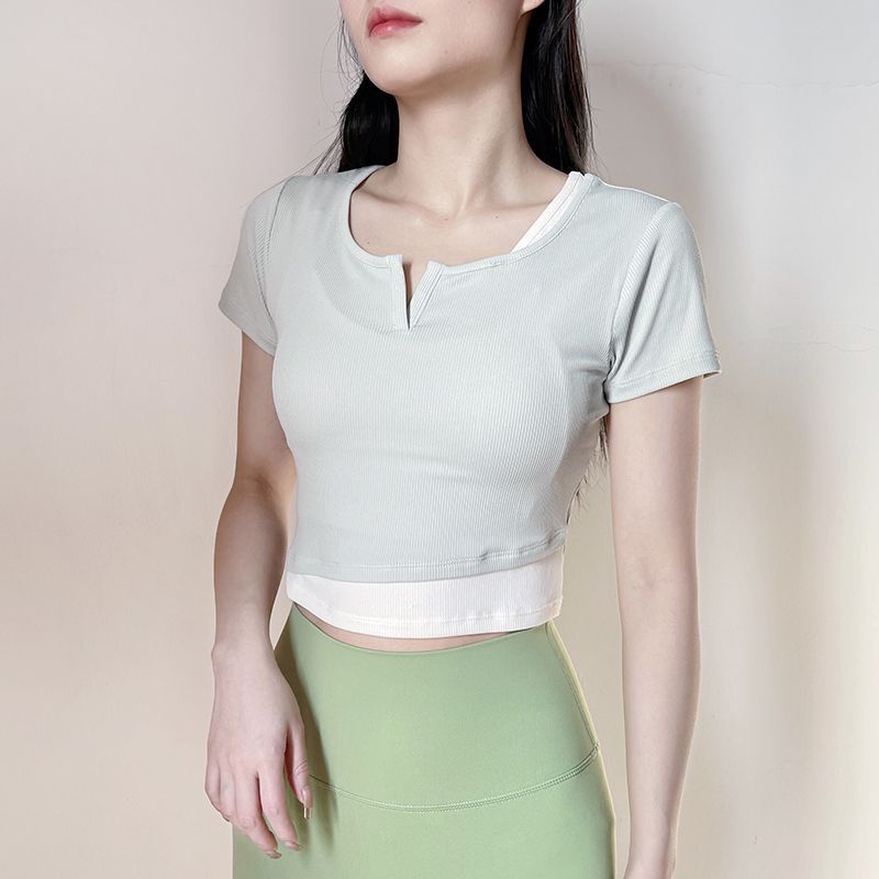 Áo Thun Thể Thao Ngắn Tay Cổ Chữ v Giả Hai Lớp Màu Sắc Tương Phản Nhanh Khô Thoáng Khí Cho Nữ
