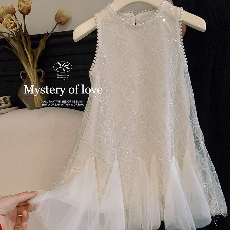 Váy cho bé gái váy liền màu ngọc trai không tay