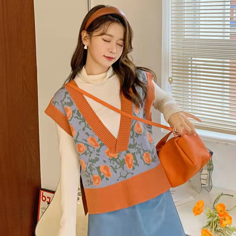 Áo Dệt Kim Sát Nách Cổ Chữ V Khoét Sâu Màu Sắc Tương Phản Thời Trang Mùa Thu Cho Nữ