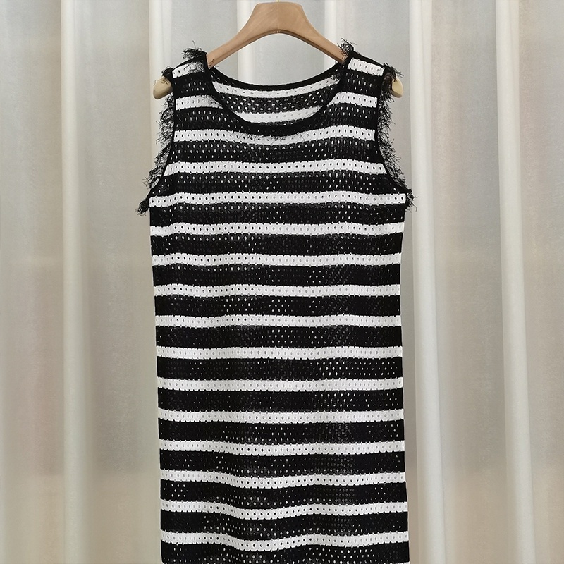 Đầm Dài Qua Gối Không Tay Cổ Tròn Họa Tiết Kẻ Sọc Màu Sắc Tương Phản Thời Trang Mùa Hè Dành Cho Nữ