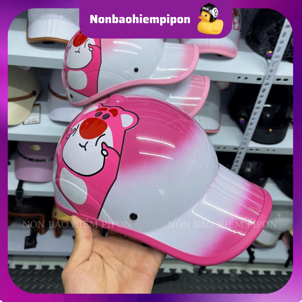 Mũ bảo hiểm lưỡi trai nữ gấu dâu sơn 3 line đáng yêu , Nón bảo hiểm kết cao cấp dành cho nữ