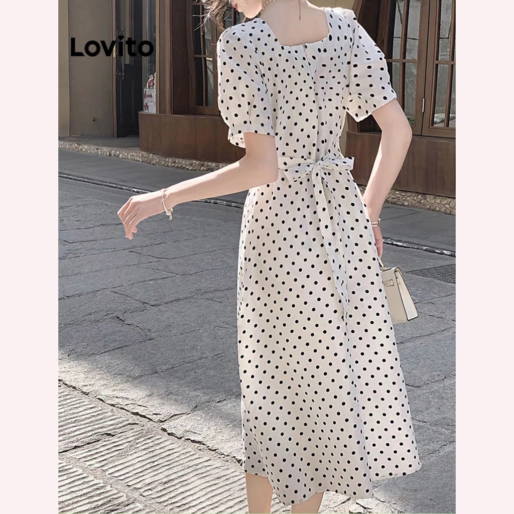 Đầm tay phồng Lovito chấm bi thanh lịch cho nữ LNE11052