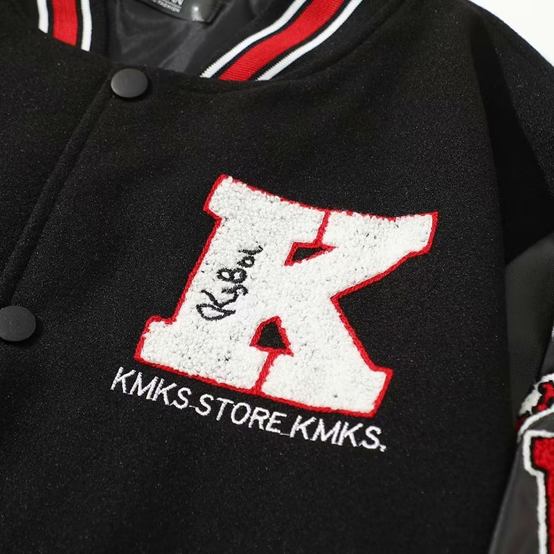 Áo Khoác Bóng Chày Bằng Da Phối Len Thêu Họa Tiết Màu Đỏ Đen Phong Cách Retro Mỹ Thời Trang Cho Nam