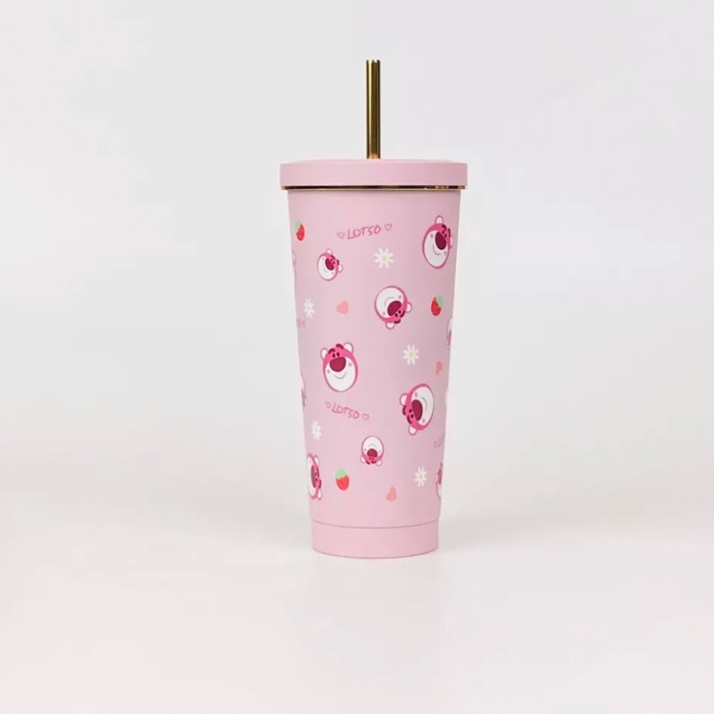 Ly giữ nhiệt Lotso gấu dâu 750ml, Cốc Giữ Nhiệt Gấu Hồng Cute Kèm Nắp Và Ống Hút Inox Xịn