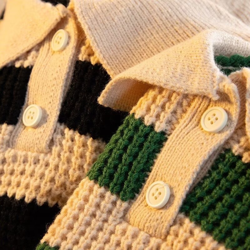 Áo Sweater polo Dáng Rộng Mềm Mại Sọc Xanh Lá Kiểu Nhật Bản Thời Trang Cao Cấp Cho Nam
