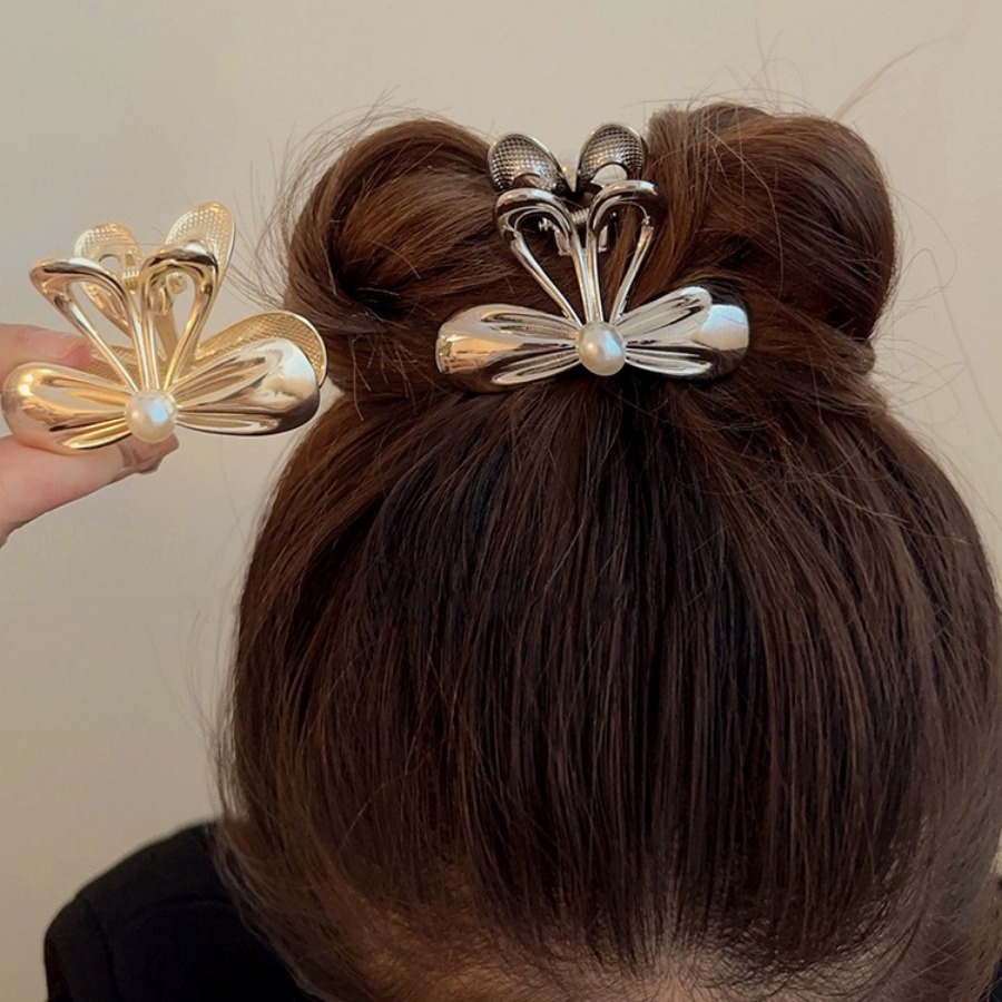 Kẹp Tóc Kim Loại Hình Hoa / Nơ Đính Ngọc Trai Thời Trang Hàn Quốc