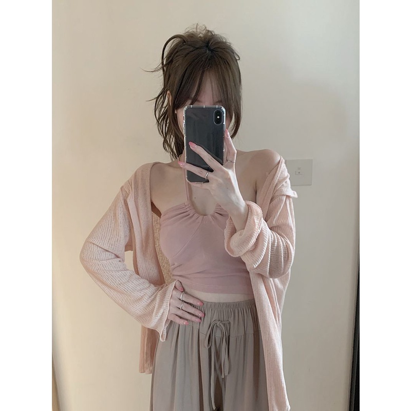 Áo Ngắn Hai Dây Ôm Dáng Màu Hồng Thuần Khiết Phong Cách Mới Mùa Hè Cho Nữ Niche
