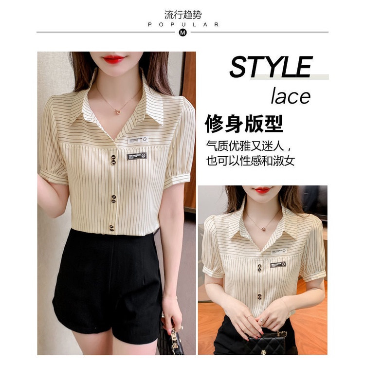 Áo sơ mi nữ polo cổ sọc voan ghi nhãn áo sơ mi