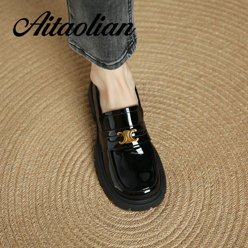 Giày Lười Da Bóng Đế Bằng 6cm Mũi Tròn Thời Trang Retro Anh Quốc Cho Nữ