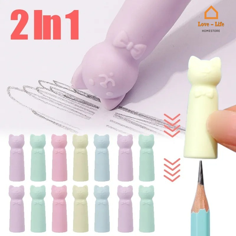 Set 10 Nắp Đậy Bút Chì / Gôm Tẩy Hình Mèo Hoạt Hình Màu Sắc Ngẫu Nhiên