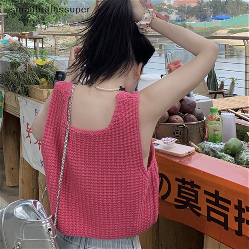 Áo Dệt Kim Sát Nách Cổ Tròn Màu Trơn Thời Trang Mùa Hè Cho Nữ SBS