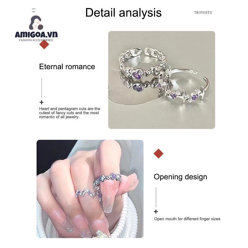 ✨✨Nhẫn Hở Hình Ngôi Sao / Trái Tim Đính Đá Zircon Màu Tím Thời Trang Có Thể
