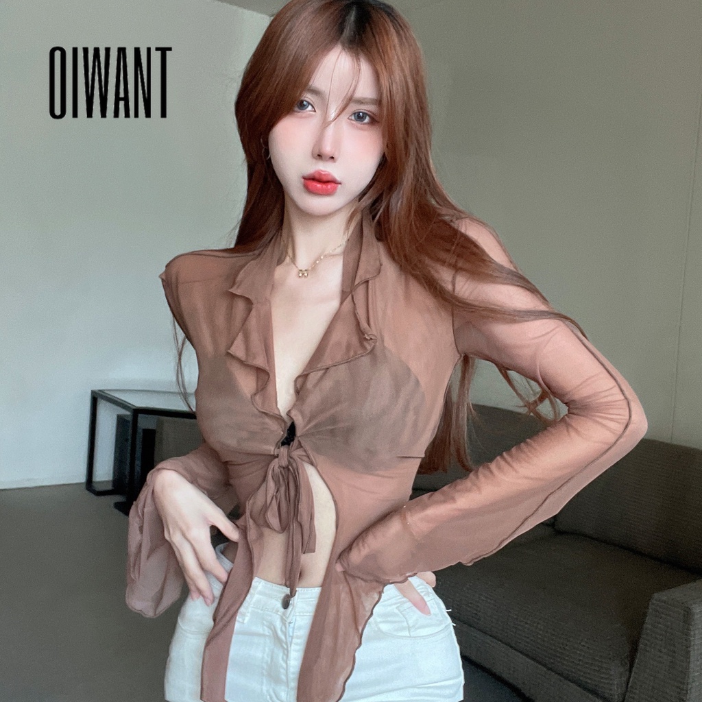 Oiwant women 2023 solid color t-shirt mesh sheer flared dài tay viền sexy short top