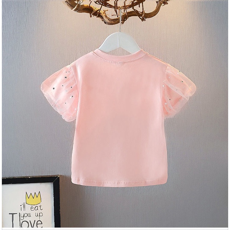 Trẻ em gái áo sơ mi thời trang puff tay ngắn áo sơ mi cổ tròn trẻ em chất lượng cotton t-shirt hàn quốc