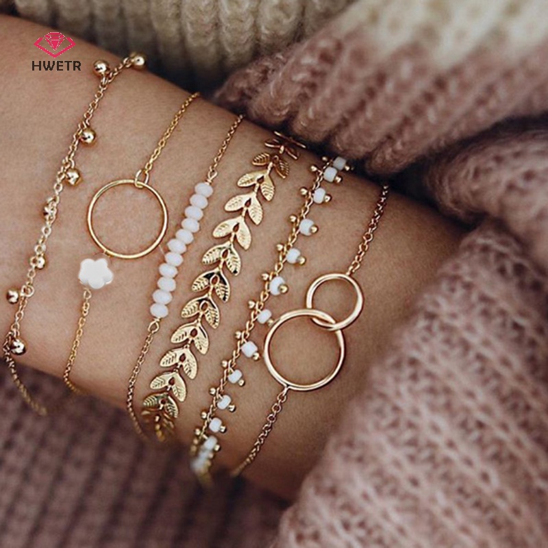 Hwetr 6 cái / bộ boho bracelet set phụ nữ tua lá chuỗi tròn vòng đeo tay trang sức mới