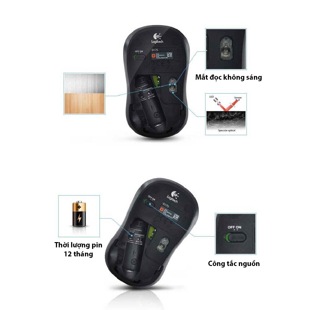 Chuột Không Dây Logitech B175 - USB 2.4Ghz, Nhỏ Gọn, Pin Trâu, Phù Hợp PC/Laptop - Bảo Hành 36 Tháng