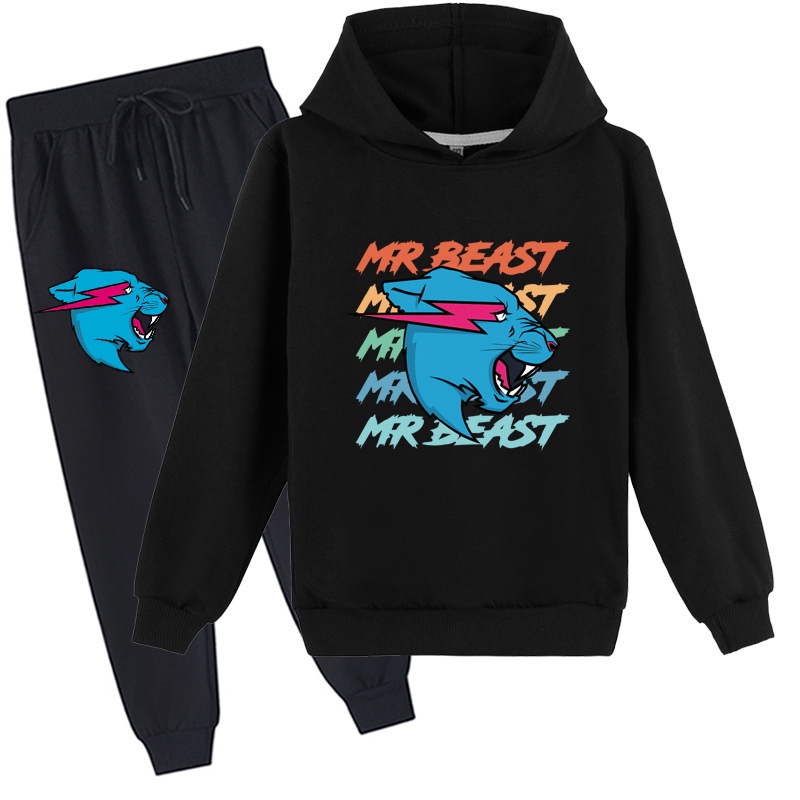 Trẻ em 4-14 tuổi mr beast lightning cat mr. Quần áo mèo bộ in mùa thu 2 cái áo dài tay + quần trẻ em bé trai cô gái phim hoạt hình áo khoác ngoài hoodie