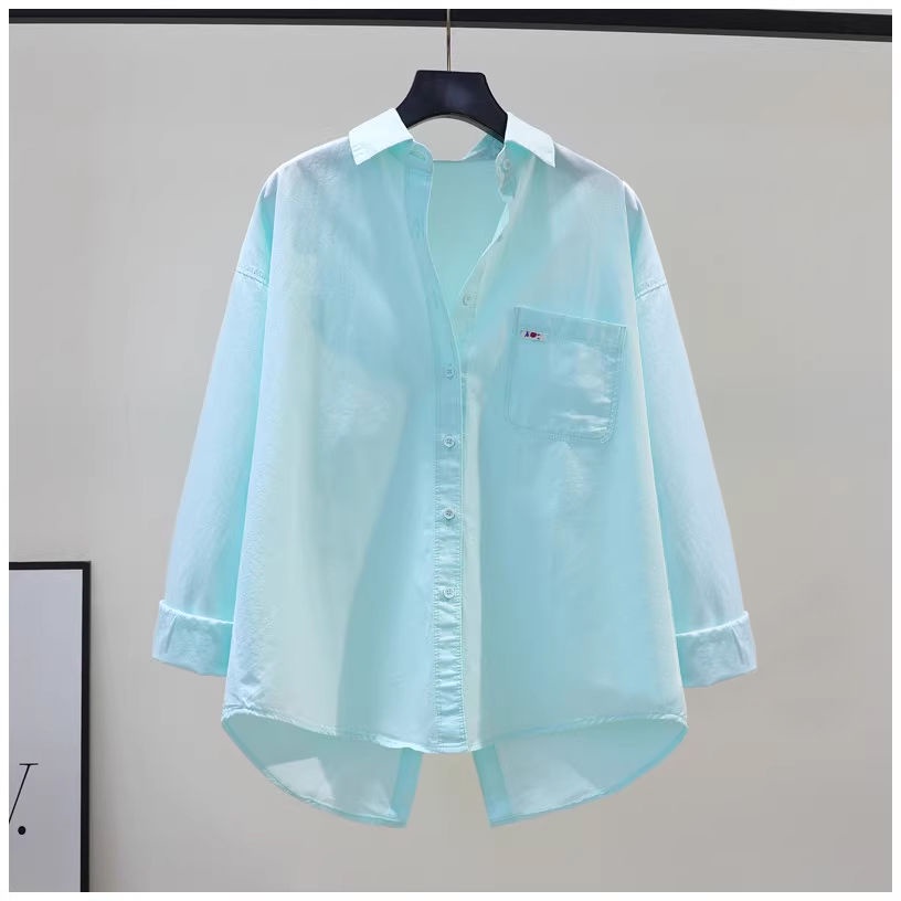 Lưng Áo Sơ Mi cotton Tay Dài Dáng Rộng Xẻ Tà Màu Xanh Lá Cây Phong Cách Hàn Quốc Thời Trang Mùa Thu 2023