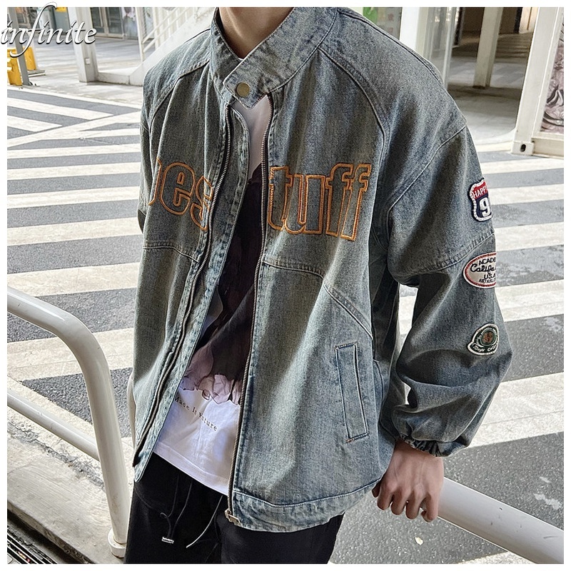 Infinite đàn ông mỹ retro giản dị xe máy lỏng lẻo áo khoác denim cũ thanh niên mới áo khoác cổ đứng