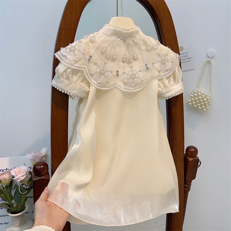 Cô gái retro heavy industry dress 2023 mùa hè phong cách mới trẻ em phong cách phương tây đám mây vai sườn xám bé ngắn tay-váy công chúa